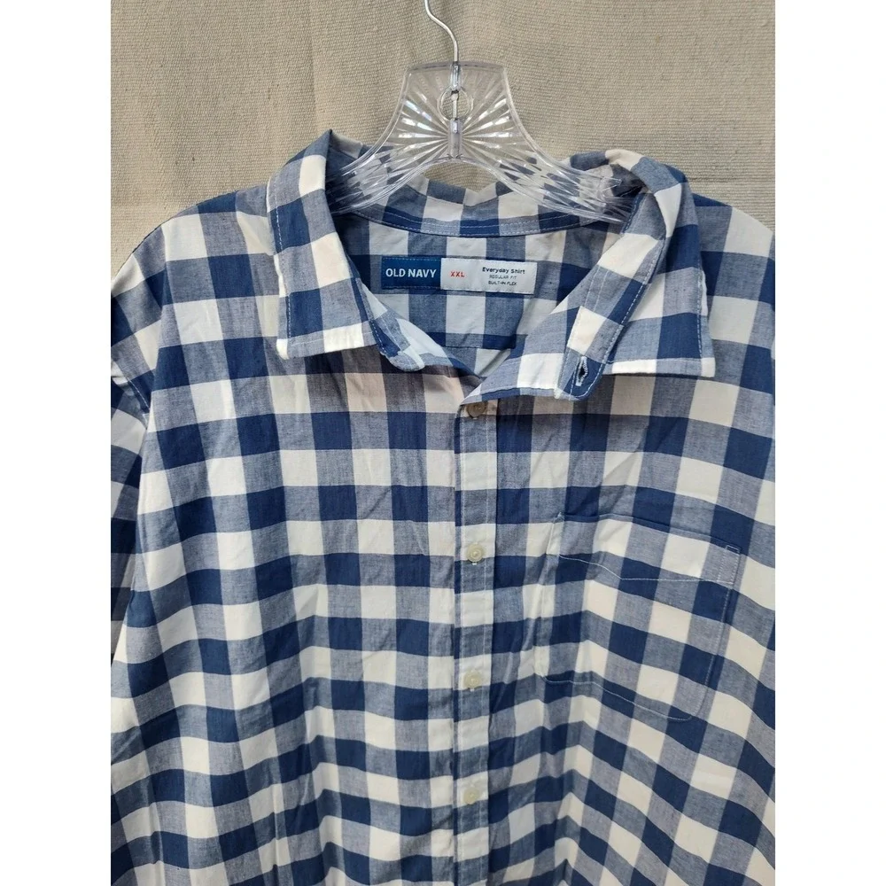 Old Navy Everyday Shirt XXL Blue White Gingham Check Short Sleeve Built-In‎ Flex